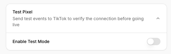 Sección Píxel de prueba de PixelFlow con el interruptor Activar modo de prueba